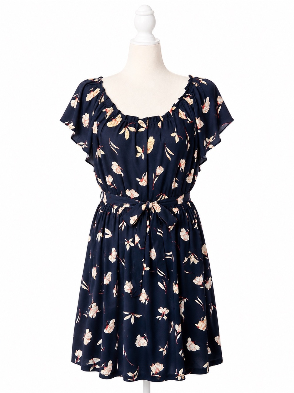 LC Lauren Conrad XL Navy Floral Flutter Sleeve Tie Waist Dress Blue Pink